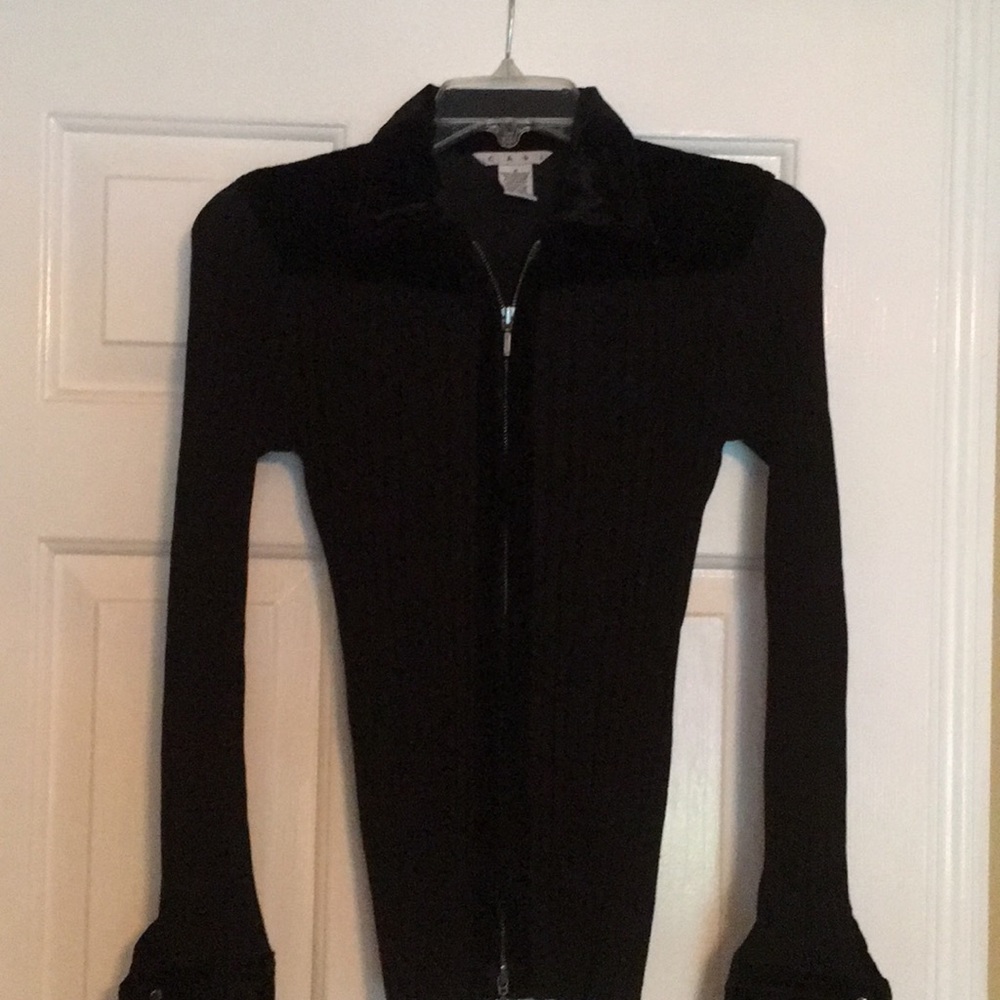 CAbi double-Zippered Black top with Velvet Trim